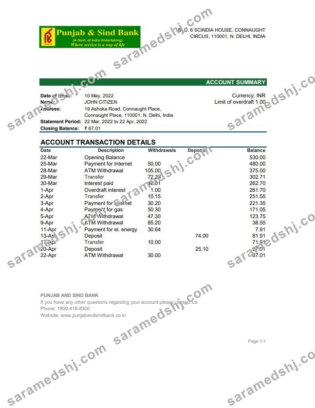 India Punjab and Sind Bank statement xls